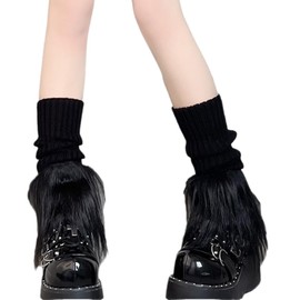 Urieo Faux Fur Warm Leg Warmers Furry Black Knitted Long Footless Socks Fluffy Boot Cuff Winter Knit Fuzzy High Leg Sleeves for Women