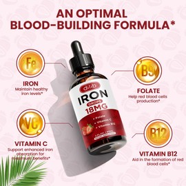 dilib (2 Pack) Liquid Iron Supplement for Women & Men Iron Drops Iron Supplements for Anemia with Folate, Vitamin C, B12 for Red Blood Cell Support-Strawberry, 4 Fl Oz