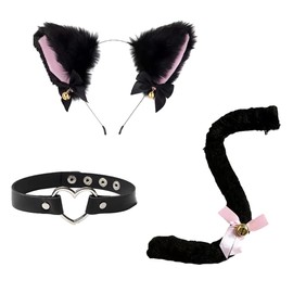ccHuDE 3 Pcs Cat Cosplay Costume Set Plush Fluffy Cat Ears Headwear Hollow Heart Collar Choker Necklace Kitten Long Tail with Bell Black