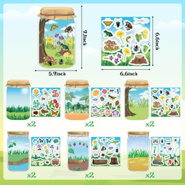 WATINC 12Pcs Spring Insect Jar Scene Sticker Art Craft, Make Your Own Springtime Mix Bug Stickers with Jar Scene, DIY Butterflies Frogs Flowers Bees Decals, Kids Game for Classroom Activity Party