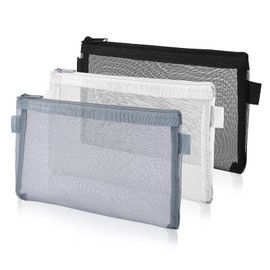 Thinp 3 Pieces Clear Pencil Pouch Makeup Bags with Zipper Nylon Mesh Pen Pouch Pencil Case Stationery Storage Bag for School&Office Supplies Cosmetics Travel Accessories (Black, White, Grey)