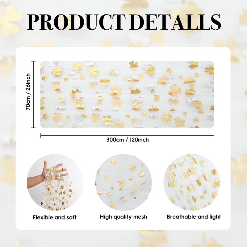 Beige Gauze Gold Shamrocks St.Patrick's Day Table Runner 120 Inch