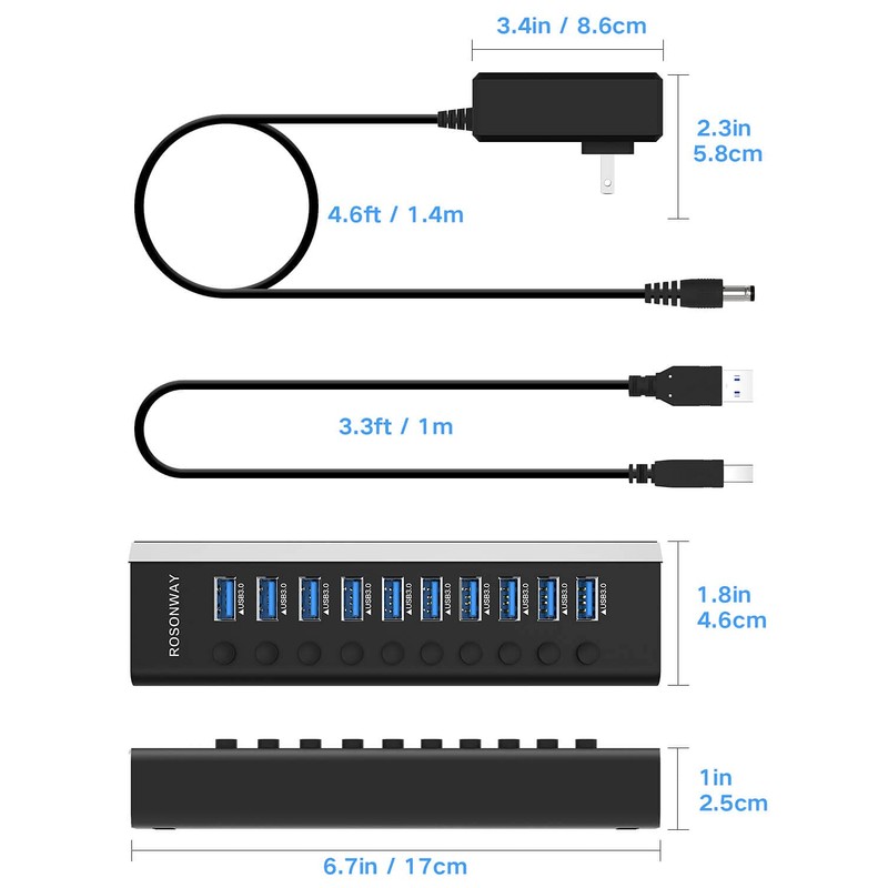 Rosonway - Hub USB de 10 puertos USB 3.0 de
