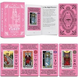 Smoostart Pink Holographic Tarot Cards with Meanings, Tarot Cards Deck with Guidebook for Beginners, Keywords, Element, Planet, Zodiac, Chakra, Yes or No, Musical Pitch, Numerology, Hebrew Alphabet