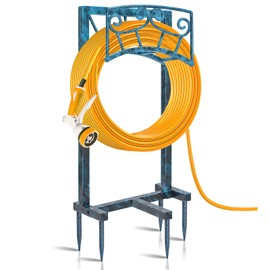 Gouisalin Garden Hose Holder, Heavy Duty Metal Water Hose Holders Hose Stand with 5 Spikes, Freestanding Hose Storage Rack Hose Hanger Holds 150ft Hose for Outside Yard Lawn Garden Decor (Retro Blue)