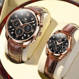 OLEVS Valentines Couple Pair Quartz Watches His and Her Couple Set Leather Chronograph Diamond Black Wrist Watch Men Women Lovers Wedding Romantic Gifts Set of 2
