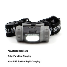 HYBRIDLIGHT Solar / Rechargeable 75 Lumen LED Head Lamp with Detachable Compact Solar Panel. Solar Panel Charges Indoors or Out. Quick Charge with Included USB Cable