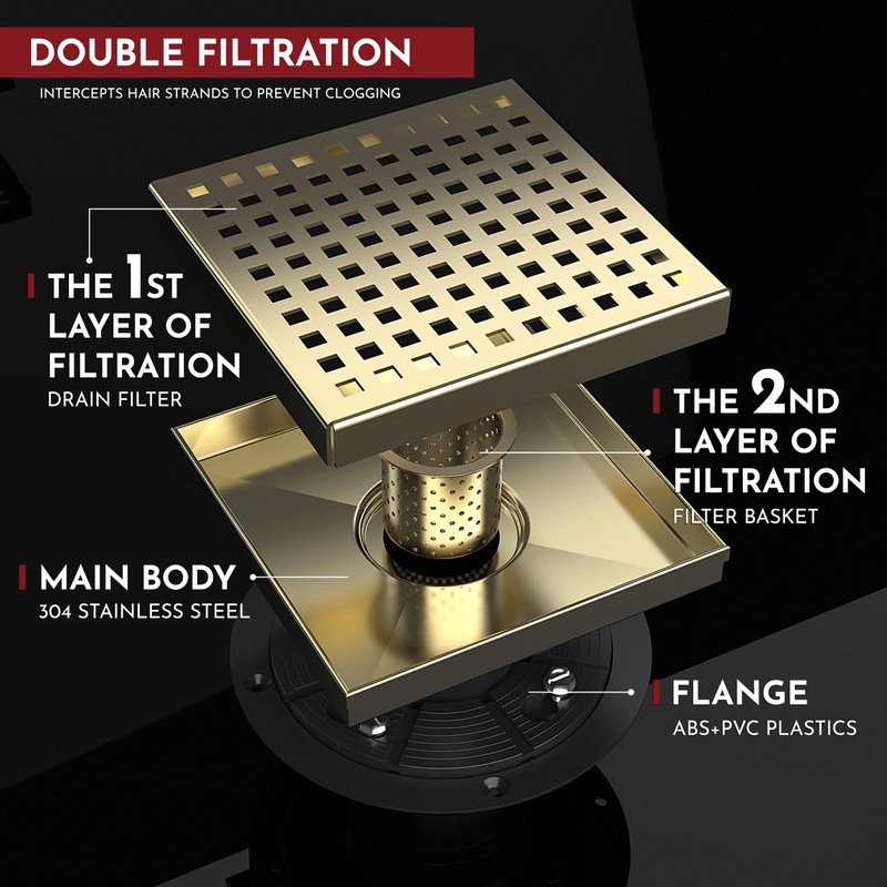 WEBANG 6 Inch Square Shower Drain Gold Floor Drain with