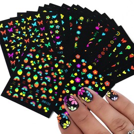 24 Sheets Fluorescent Nail Art Stickers Colorful Flower Nail Decals 3D Self-Adhesive Fluorescence Butterfly Stars Floral Love Heart Design Nail Art Sticker Decoration for Women Manicure Supplies
