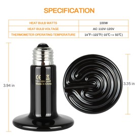 Simple Deluxe 100W 2-Pack Ceramic Heat Lamp Reptile Heat Emitter Heater Lamp Bulb No Light with Free Digital-Thermometer, for Pet Brooder Coop Chicken, Dragon Turtle Lizard Snake Aquarium Tank Black