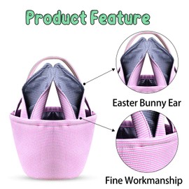 Easter Bunny Basket for Kids, Easter Basket Bags with Handles for Eggs Hunt, Easter Bunny Decorations Birthday Party Supplies for Boys and Girls (Pink)