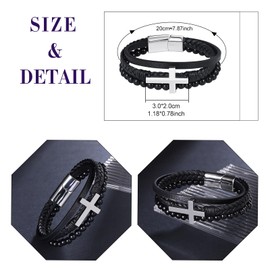 Feilok Mens Leather Bracelet Cross Men's Leather Bracelet Punk Leather Bracelet with Magnetic Clasp Braided