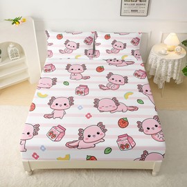 QOOMO Funny Axolotl Bedding for Boys and Girls Pink Striped Silky Soft Microfiber Bed Sheets Marine Life Soft Kids Bedding Set Twin Size 1 Fitted Sheet, 1 Flat Sheet, 2 Pillow Cases