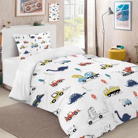 CINYE Dinosaur Boys Single Duvet Cover For Kids Cute Bedding 135×200 cm Colorful Bedding Set With Zip Fastening Comes With 50x75 cm Pillowcase 3D Cars Quilt Cover