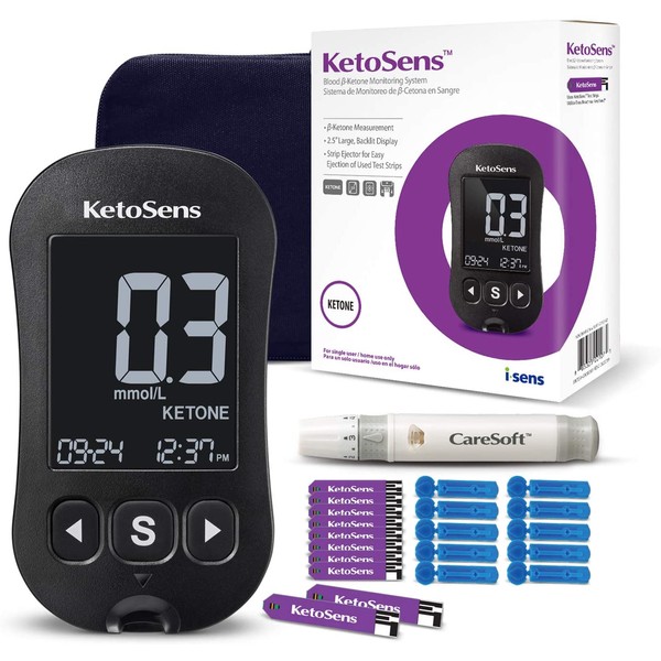 KetoSens Blood Ketone Monitoring Starter Kit: Ideal for Keto Diet with App. Includes 1 Meter, 10 Ketone Test Strips, 1 Lancing Device & 1 Case