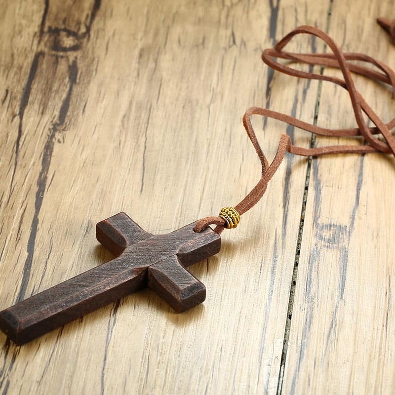 Rockyu Men's Long Cross Necklace Popular Cross Wooden Charm Black