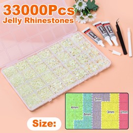 33000Pcs Cream Yellow AB Resin Jelly Rhinestones for Bedazzling, 2-6mm Flatback Gems for Diamond Art, Bedazzler Kit with 3Pcs 10ml B7000 Jewelry Glue for Crafting Crafts Nail Art