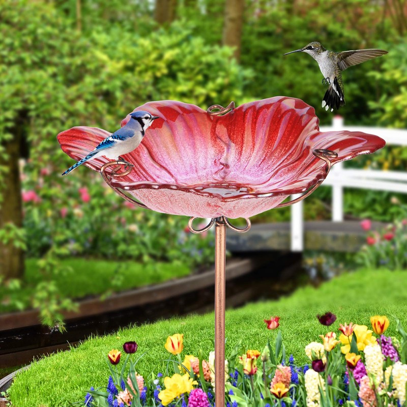 Outdoor Bird Bath Glass Birdbath Garden Birdfeeder with Metal Stake