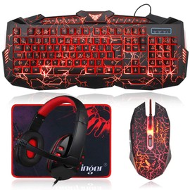 BlueFinger Gaming Keyboard Mouse Headset Combo, USB Wired Crack Backlit,114 Keys Letters Glow LED Keyboard, Red LED Light Headset for Laptop PC Computer Work and Game