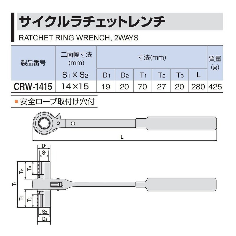 TONE CRW-1415 Cycle Ratchet Wrench, Black, Double Side Width 0.6