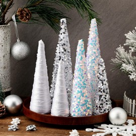 Anglechic 6 Pcs Christmas Mini Cone Trees Tree Glitter Table Decoration Christmas Ornaments Table Centerpiece for Xmas Tabletop Crafts Wedding Party Room Decoration(White)