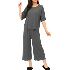 Ranmy Stage Pajamas, Women's Ice Silk, Room Wear, Cool to Touch, Top and Bottom Set, Short Sleeve, Long Pants, Cool, Cute Ruffle, gray, M