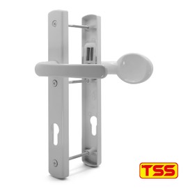TSS White UPVC Door Handle Pair Set, Lever Moveable Pad 92mm PZ (Centres), Sprung, Lever Lever, 215mm Top Screw to Bottom Screw, 3X Fixing Points, Backplate 260mm x 35mm (White)