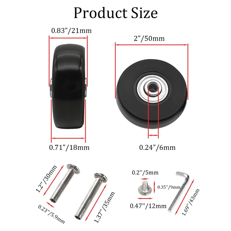 Luggage Replacement Wheels - 50 x 18mm, 8pcs Black Rubber