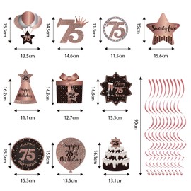 Happy 75th Birthday Hanging Swirls Streams Ceiling Decorations, Celebration 75 Foil Hanging Swirls with Cutouts for 75 Years Old Rose Gold Birthday Party Decorations Supplies