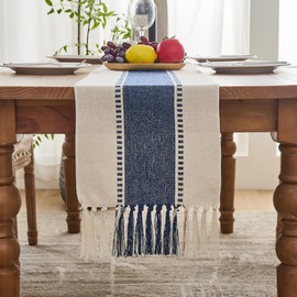 Zkanac Table Runner 72 Inches Long, Boho Style with Handmade Tassels for Kitchen Dining Table, Cotton & Linen, Modern Farmhouse Home Decor for Living Room Bridal Shower(Blue Beige, 12x90 Inch)