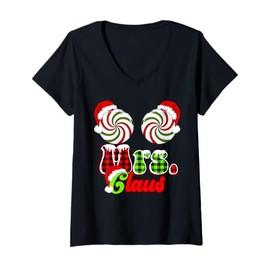 Womens Mrs Claus Couples Cute Peppermint Candy Cane Christmas Plaid V-Neck T-Shirt