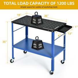 DWVO Portable Welding Table with Wheels, 36" x 18" Rolling Welding Table Top with 5/8" Fixture Holes & Storage Tray, 1200lb Load Capacity Metal Welding Bench, Extra Middle Shelf for Convenient Storage