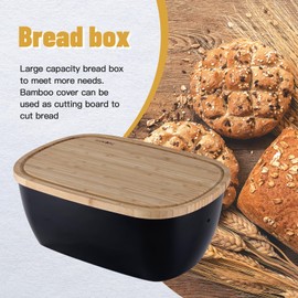 ECWAY Bread Box for Kitchen Countertop - Bamboo Fiber Bread Bin with Reversible Cutting Board Lid, Juice Groove - Ventilated, Multi-Functional Storage Keeper for Freshness (14.2x7.8x5.5In, Black)