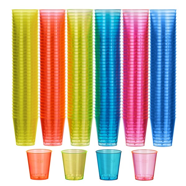 MATANA 300 Neon Plastic Shot Glasses (1oz), Party Shot Cups for Wine Tasting, Condiments, Sauce, Jello Shots & More - Sturdy & Reusable
