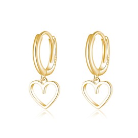 Reffeer Solid 925 Sterling Silver Heart Drop Earrings Hoop for Women Teen Girls Heart Hoop Earrings Huggie Drop Earrings (B-Gold)
