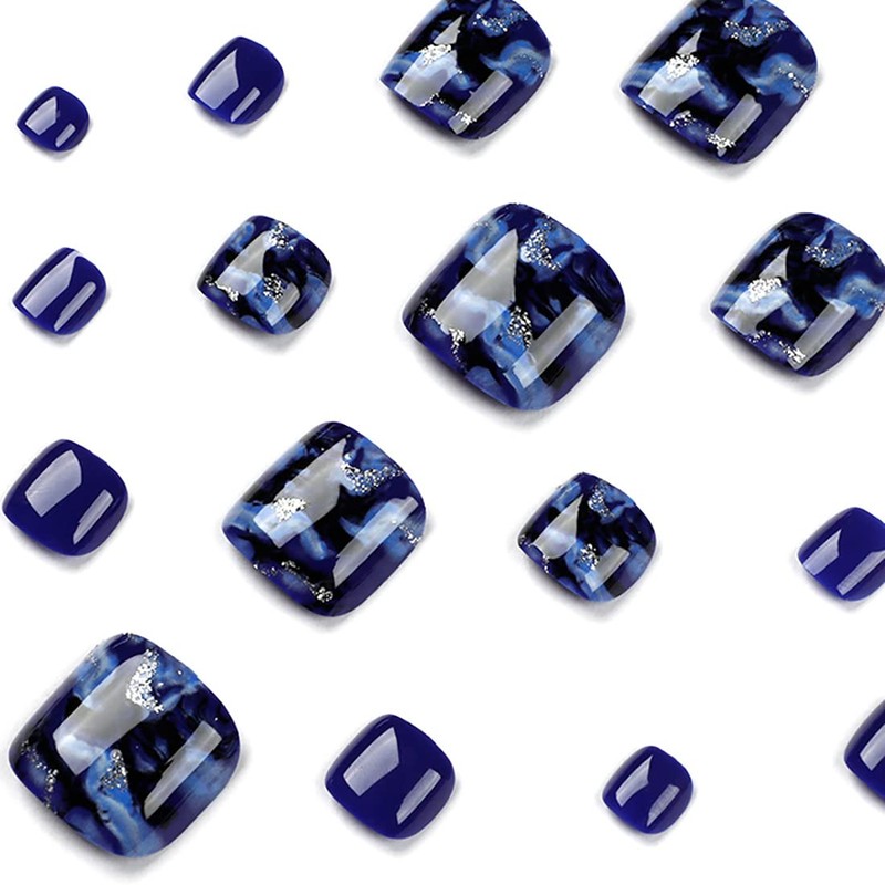 Glossy False Toenails 24PCS Blue Glitter False Toe Nails Full