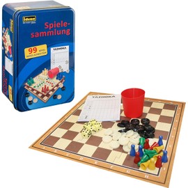 Idena 40216 40216 Colección de Juegos con 99 Posibilidades de Juego, en Tinbox, Incluye Varios Juegos de Mesa y Dados, Instrucciones de Juego, para 2