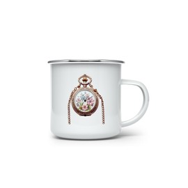 MAXIKIWI Langlebige Emaille-Kaffee- oder Tee-Camping-Tasse für drinnen und draußen, Vintage-Taschenuhr, 350 ml