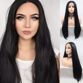 AFBeauty Black Lace Front Wig for Women Synthetic Long Straight 1B Natural Color Wig Heat Resistant Fibre Makeup Party Soft Wigs 24''
