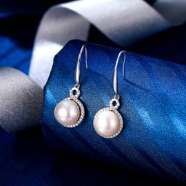 EleQueen 925 Sterling Silver CZ AAA Button Cream Freshwater Cultured Pearl Infinity Bridal Hook Drop Earrings for Women(9mm), Valentine's Day/Mother's Day/Christmas Jewerly Gift for Wife/Mom