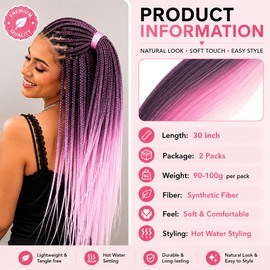 Ameyra Pre Stretched Braiding Hair 30 Inch 2 Packs Professional Soft Yaki Texture Hot Water Setting Crochet Hair Extensions for Women Crochet Braids - Purple Pink White