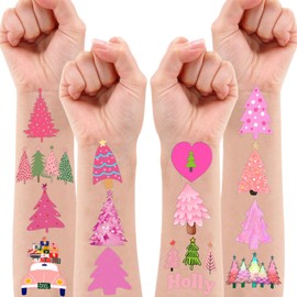 Cute Pink Christmas Temporary Tattoos Xmas Tree Birthday Party Decorations Favors Supplies Winter Themed Stickers 10 Sheets 100 PCS Gifts for Kids Girls Boys Decor Class School Carnival Christmas