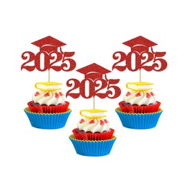 Graduation Decorations 2025-24Pcs Red Glitter 2025 Graduation Cap Cupcake Toppers for Class of 2025 Party Decorations