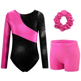 XiaoMoSha Dreiteiliges Gymnastikanzug für Mädchen, langärmelig, mit Shorts und Haarband, Glitzer, Ballett-Tanzeinteiler, Farbverlauf, Farbdesign, Gymnastik-Outfits, rosarot, schwarz, 5–6 Jahre