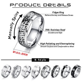 JeryWe 8 Pcs Stainless Steel Rings for Men High Polished Mens Band Wedding Engagement Fidget Spinners Rings Vintage Spinning Rings Size 11
