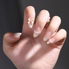 Ombre Almond Press on Nails Short Fake Nails wiht Bow Pearls Charm Designs Nude White Gradient False Nails Press ons Acrylic Full Cover Glue on Nails for Women Girls 24 Pcs