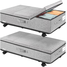 Under Bed Storage with Wheels, Rolling Underbed Storage Containers with Lids, Under Bed Shoe Storage Bins Organizer with Reinforced Metal Bottom Support and Three Handles, 2 Pack Grey