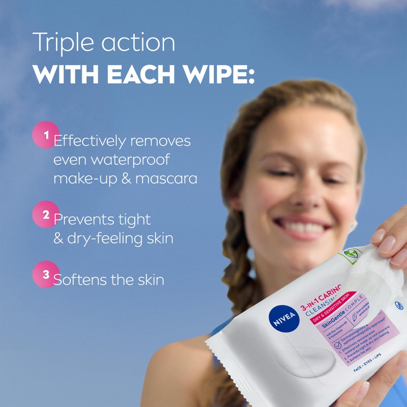 NIVEA 3in1 Caring Cleansing Wipes Dry Skin (40 Wipes), Plant-Based