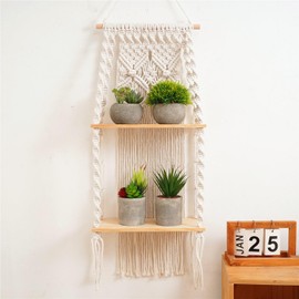 lomonmen Macrame Shelf, Boho Shelf, Hand-Woven Floating Shelf, Double Layer, Boho Wall Shelf for Living Room, Bedroom, Balcony, Hallway