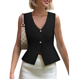 Womens Sleeveless Cardigans Trendy Summer V Neck Crop Tank Tops Casual Button Up Black Sweater Vest Black